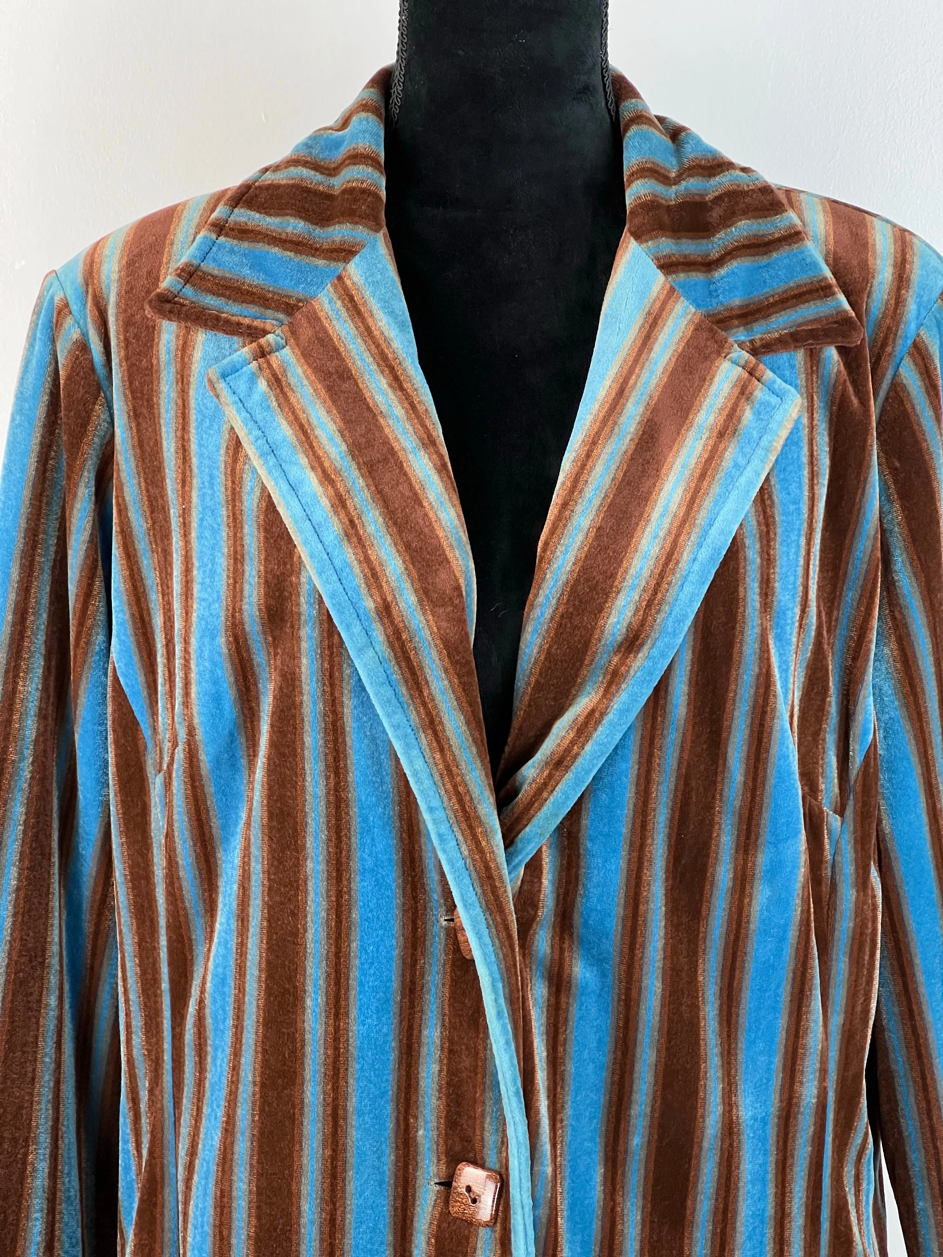 70s Blue   Brown Striped Velvet Jacket - Mens L