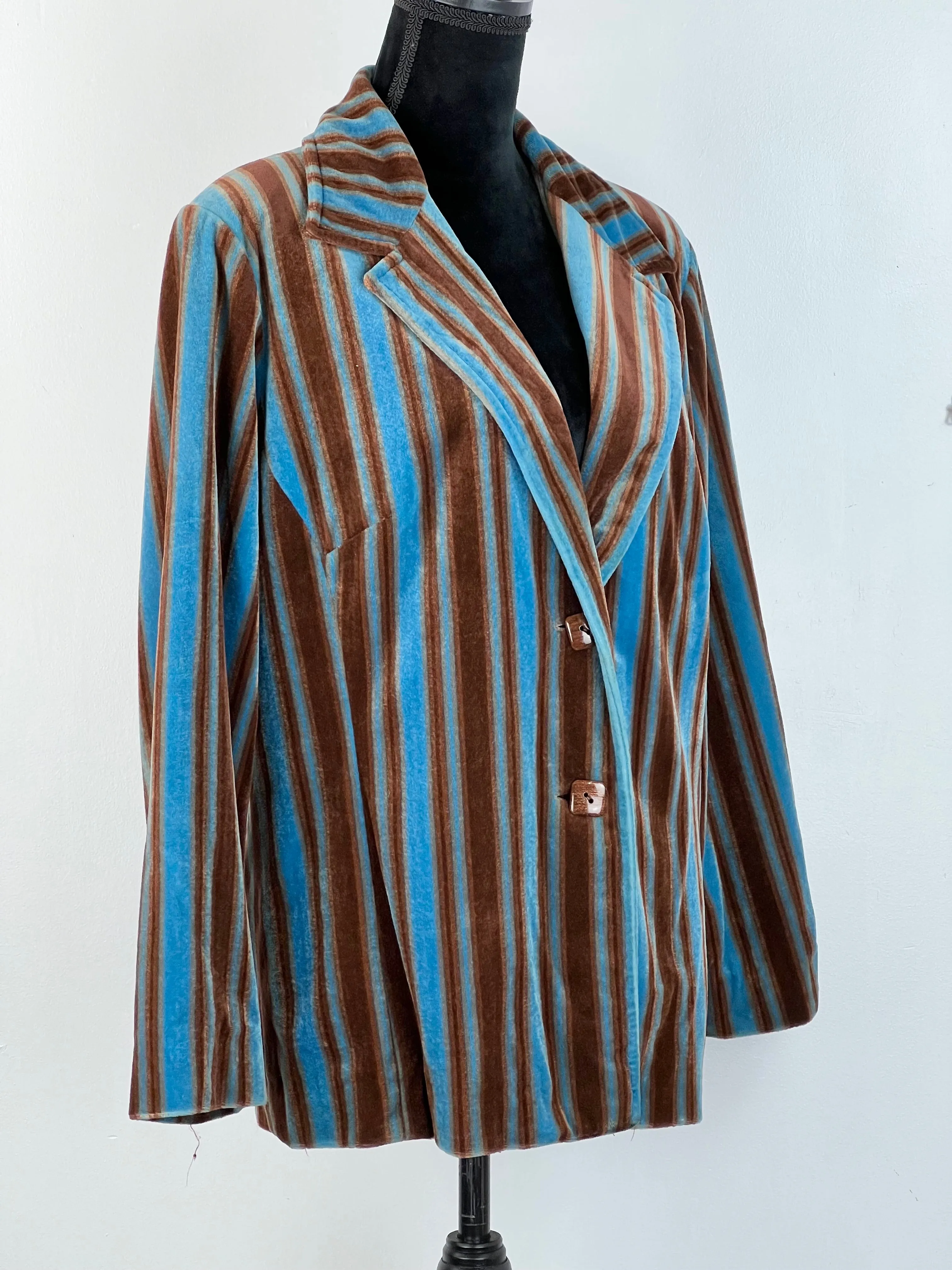 70s Blue   Brown Striped Velvet Jacket - Mens L