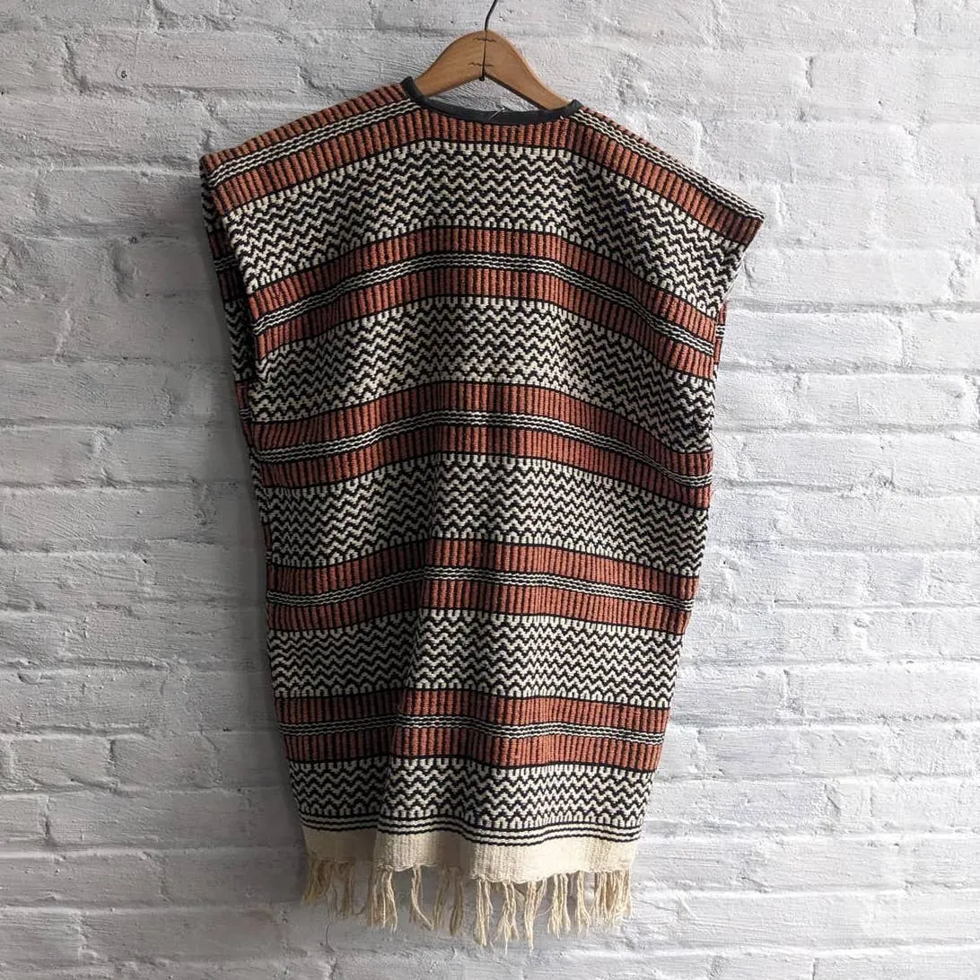 70s Vintage Blanket Vest Western Handmade Woven Fringe Traditional Mexico Serape