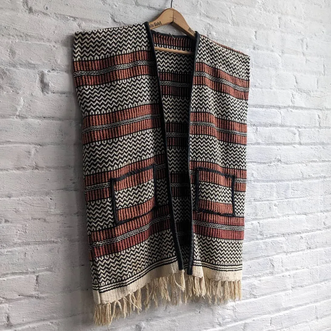 70s Vintage Blanket Vest Western Handmade Woven Fringe Traditional Mexico Serape