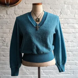 70s Vintage Blue Knit Towel Sweater Minimalist Groovy Terry Cloth Preppy Top