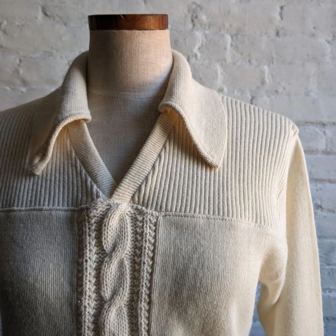 70s Vintage Neutral Cable Knit Grandpa Sweater Minimalist Western Preppy 60s Top