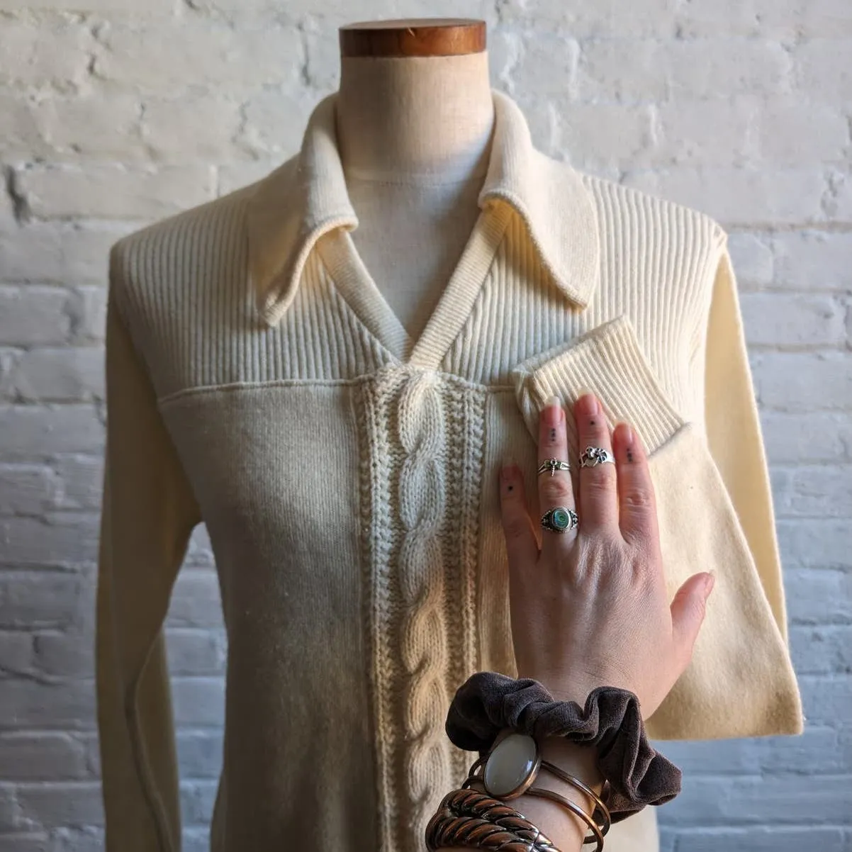 70s Vintage Neutral Cable Knit Grandpa Sweater Minimalist Western Preppy 60s Top