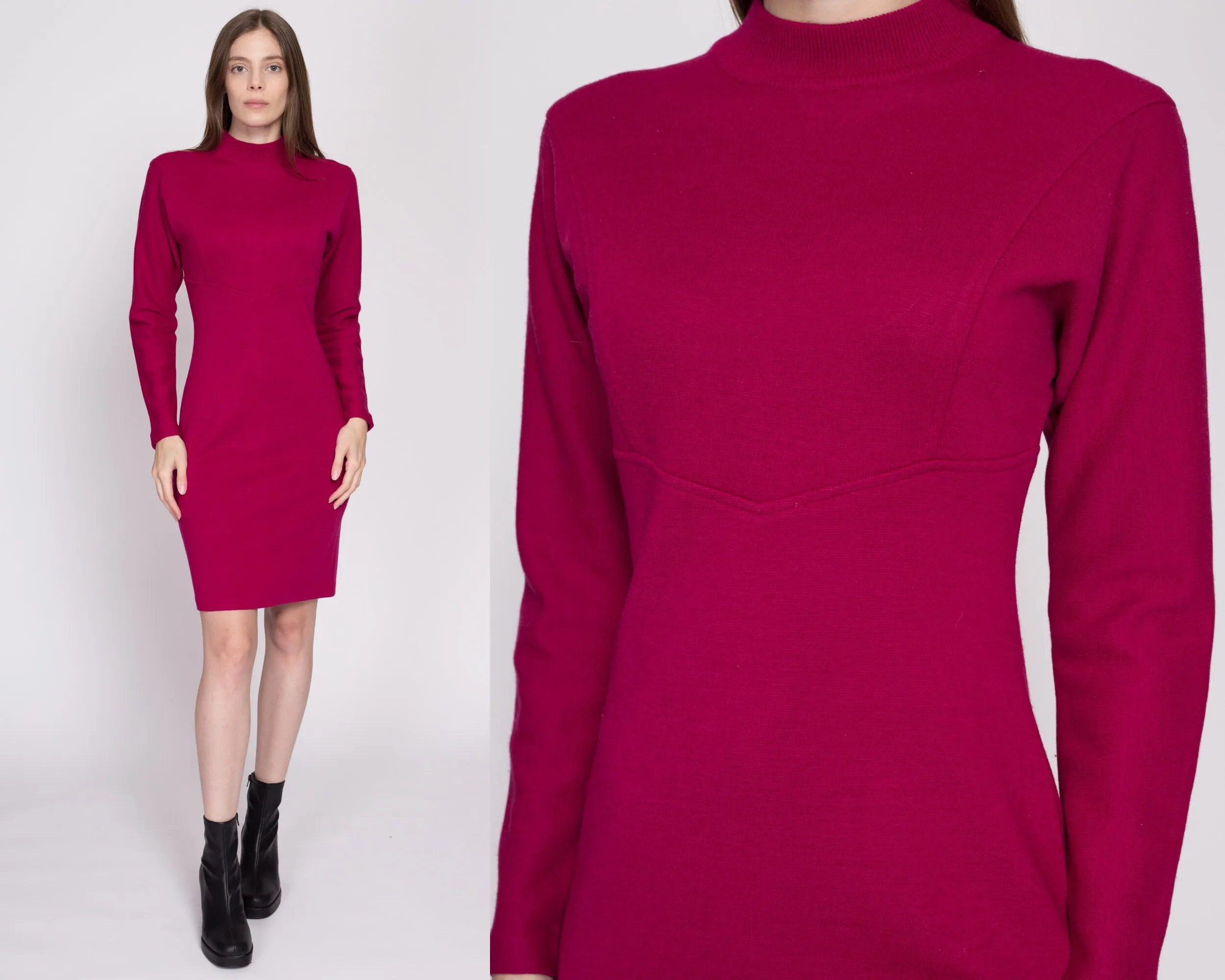 80s Magenta Knit Mini Sweater Dress - Small