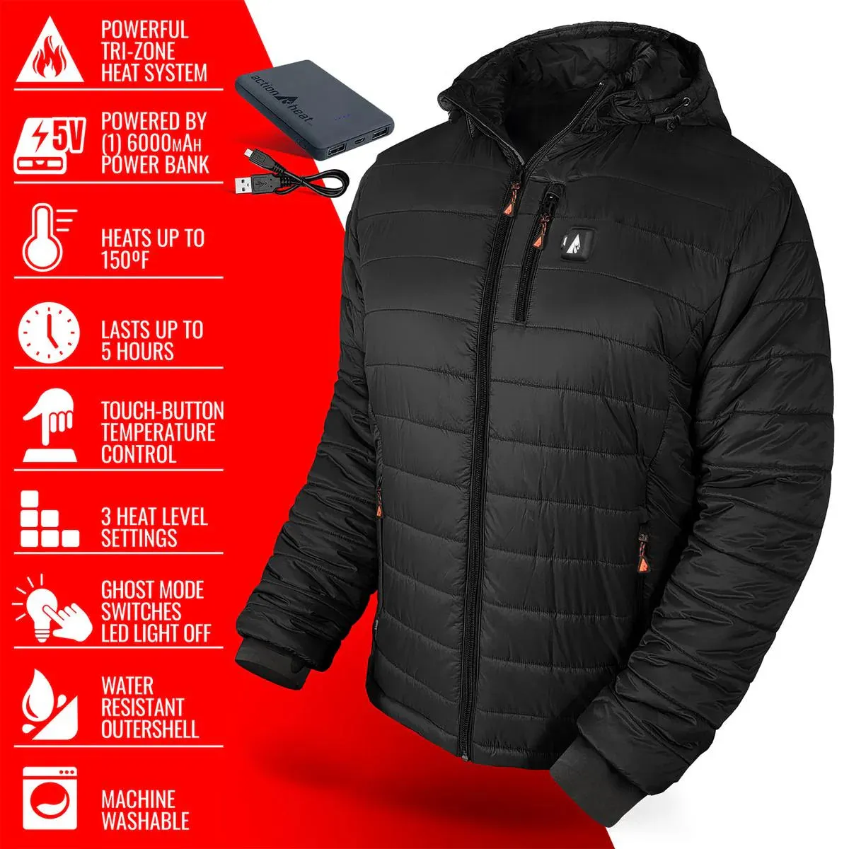 ActionHeat 5V Men's Insulated Puffer Battery Heated Jacket W/ Hood