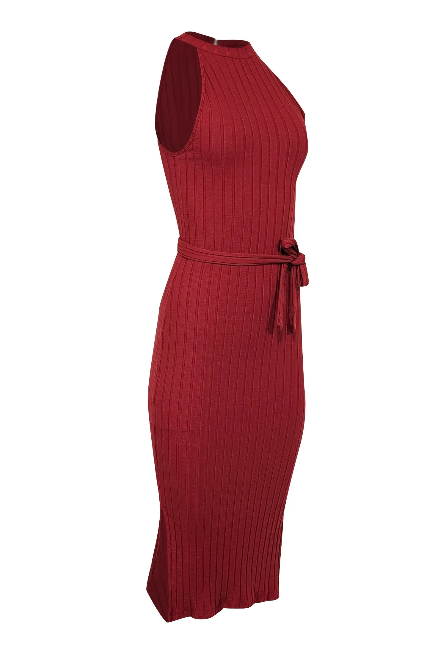 Amour Vert - Red Sleeveless Ribbed Midi w/ Waist Tie Dress Sz XS