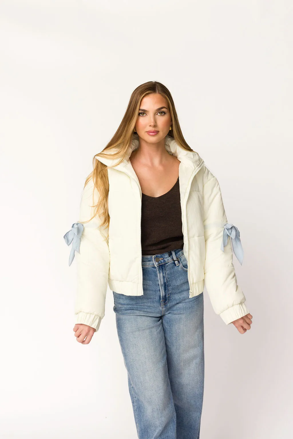 Andy Bow Cropped Puffer Jacket in Bone