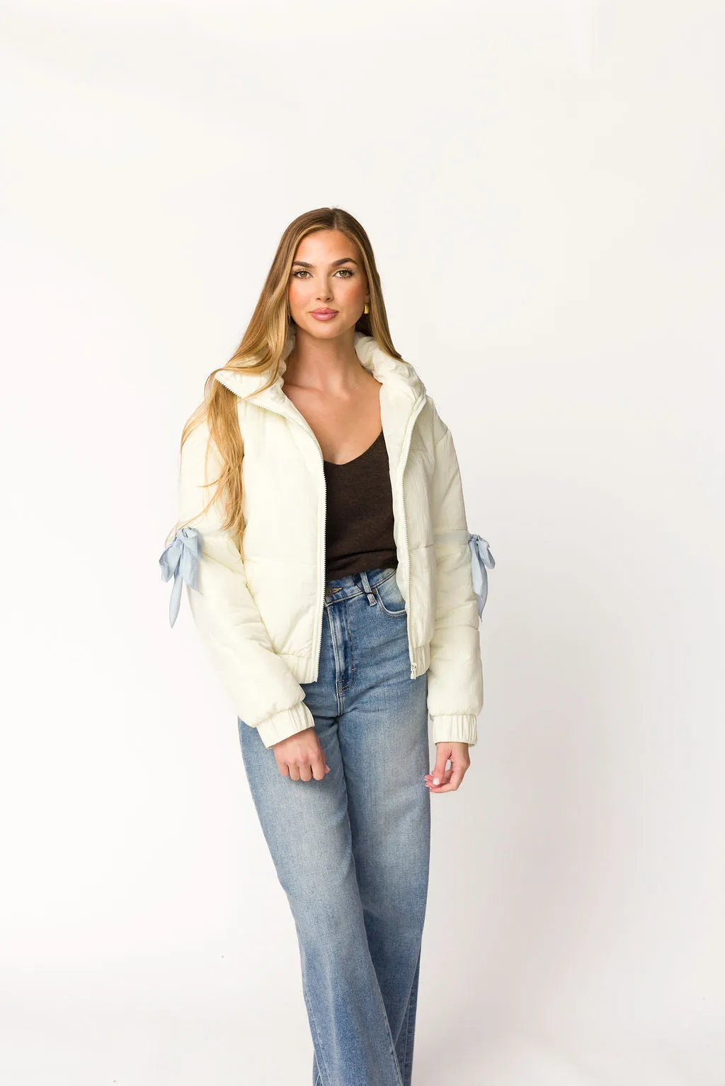 Andy Bow Cropped Puffer Jacket in Bone