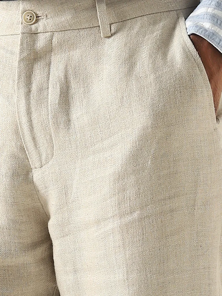 Ascot Solid Beige Mid Rise Relaxed Fit Linen Chinos