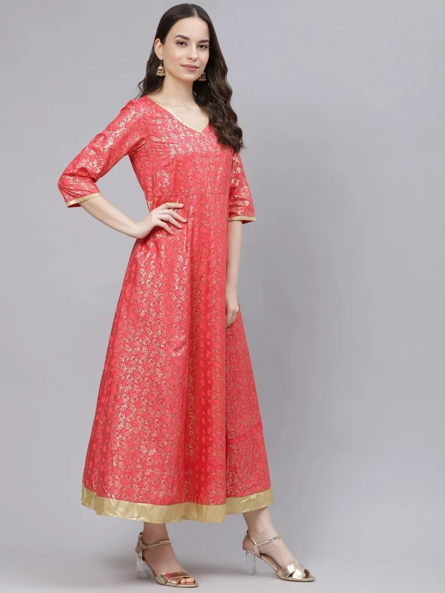 AURELIA Coral Pink & Golden Ethnic Motifs A-Line Maxi Dress