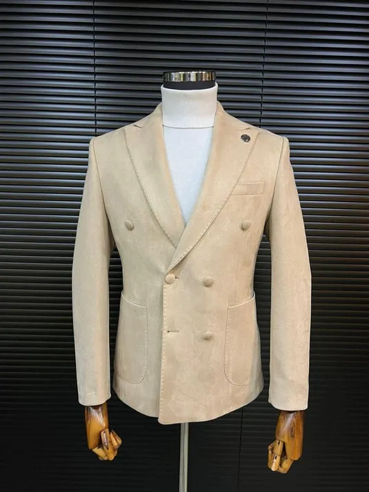 Beige Double-Breasted Velvet Blazer SCB-222