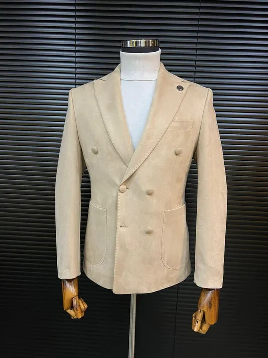 Beige Double-Breasted Velvet Blazer SCB-222