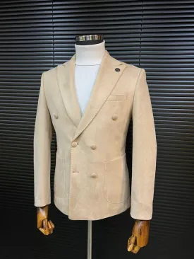 Beige Double-Breasted Velvet Blazer SCB-222