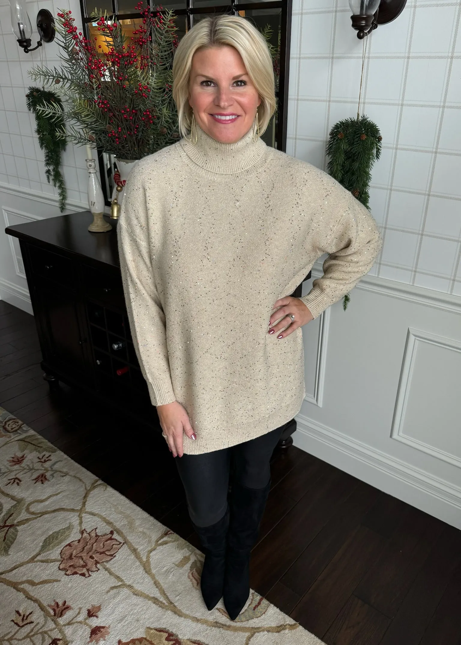 Beige Sequin Tunic Sweater