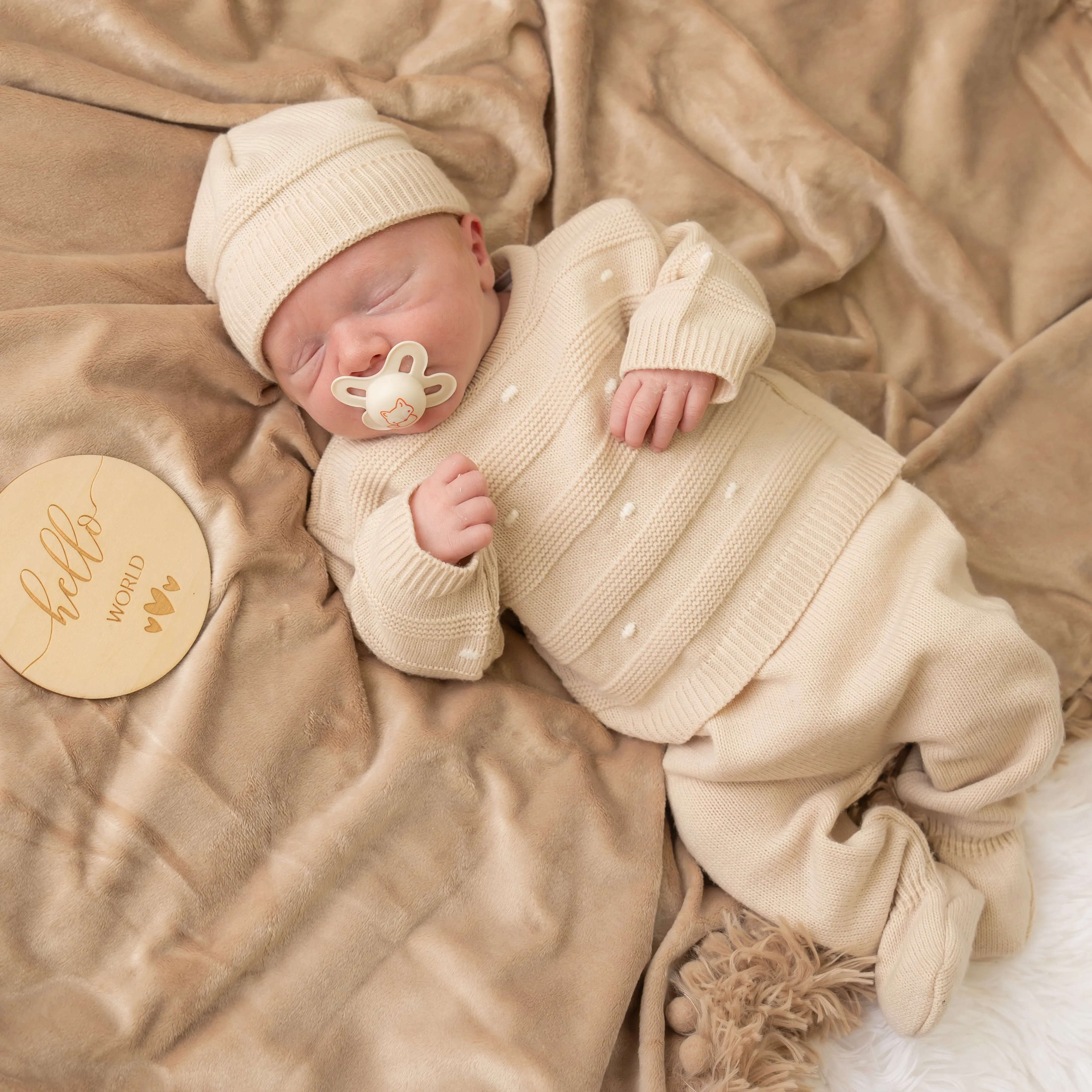 Beige Stripe Dot Knitted 3 Piece Set