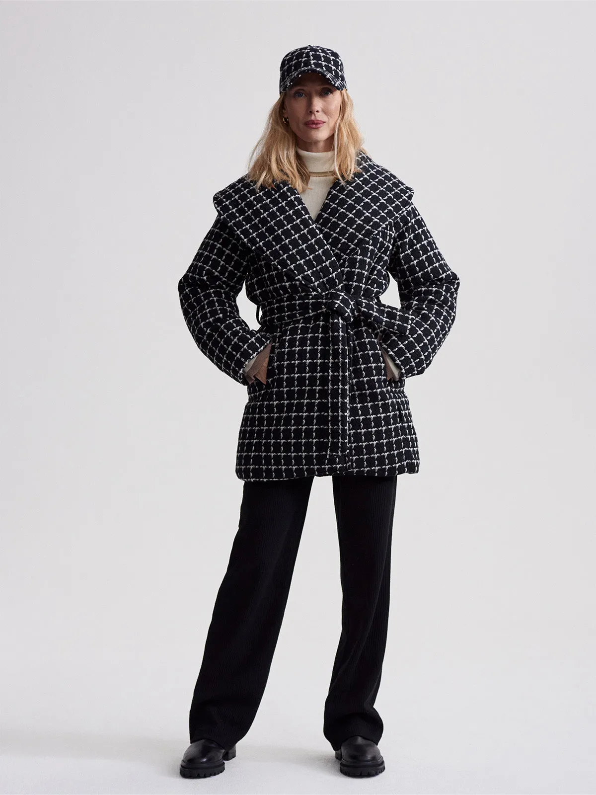 Black Mono Check Milla Wrap Jacket