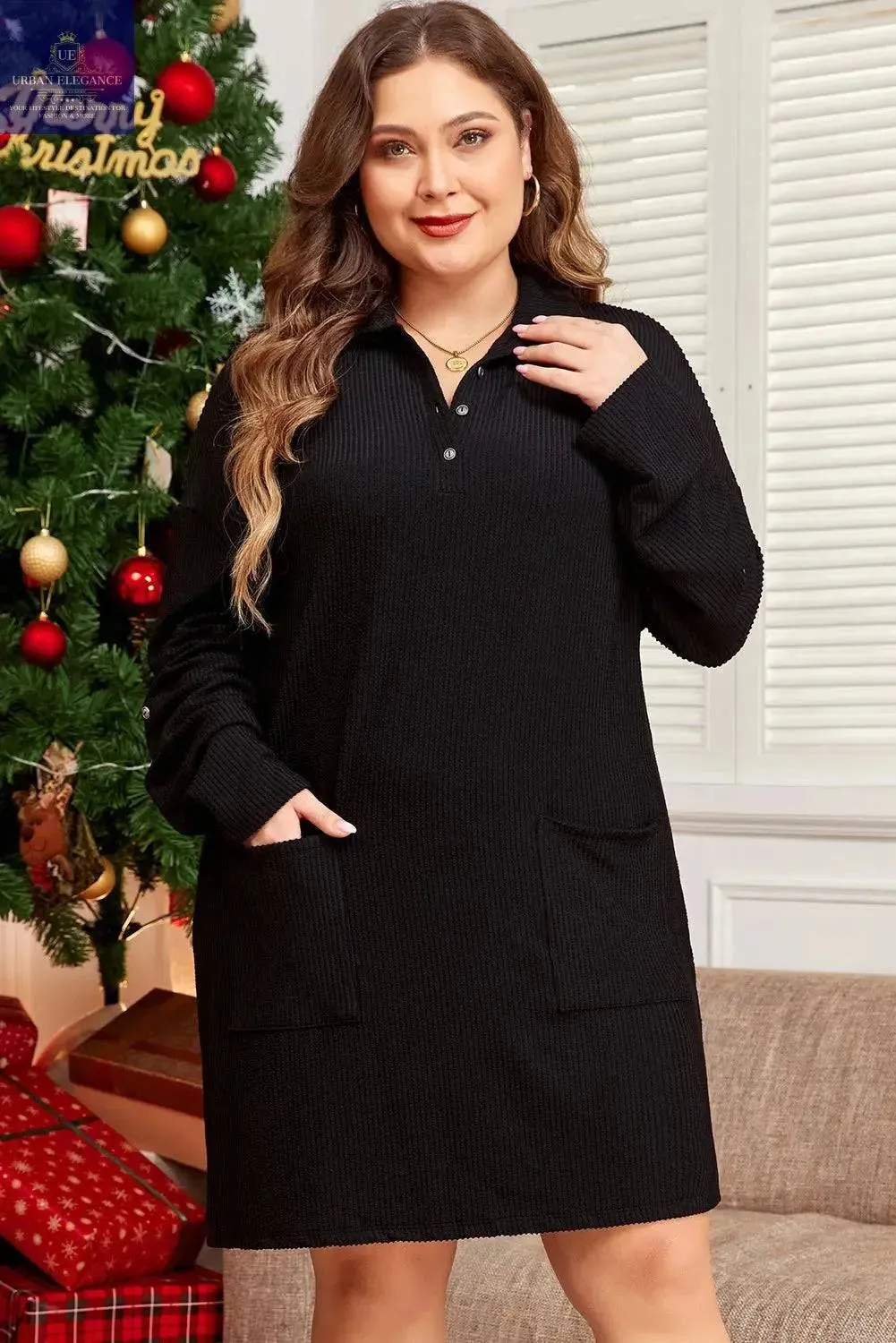 Black Ribbed Knit Plus Size Mini Dress