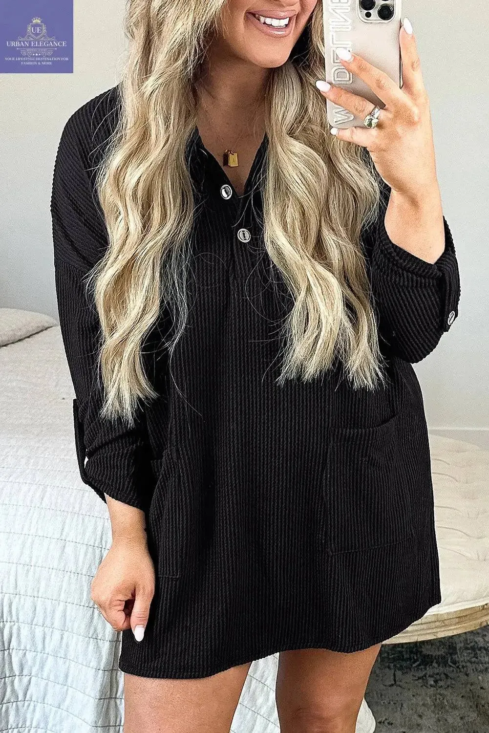 Black Ribbed Knit Plus Size Mini Dress