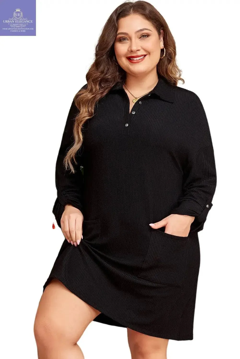 Black Ribbed Knit Plus Size Mini Dress