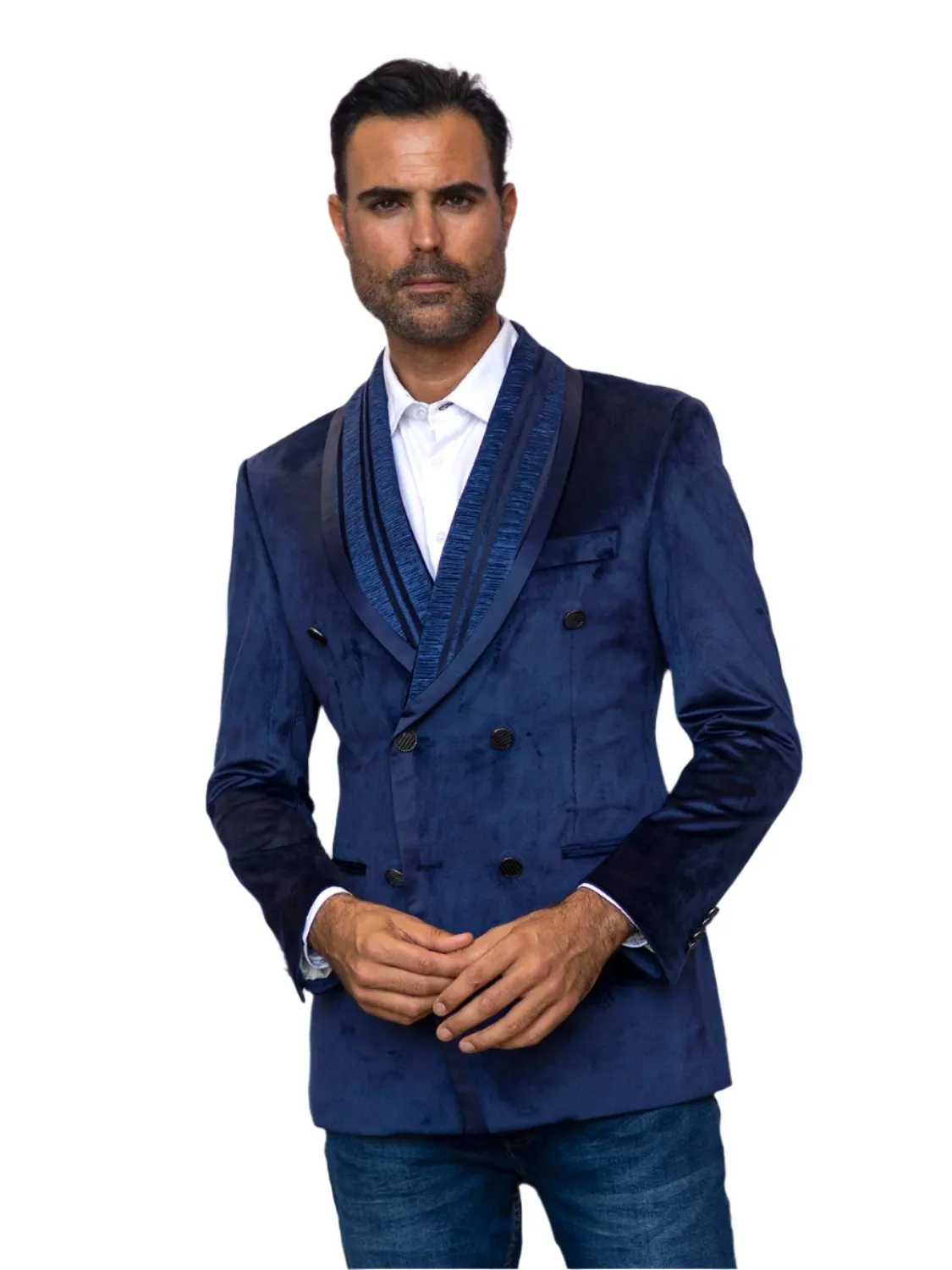 Blue Double Breasted Men's Fashion Design Shawl Lapel Velvet Blazer STYLE NO: MZV-562