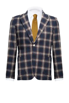 Blue/Beige Checked Prince of Wales Linen Blazer