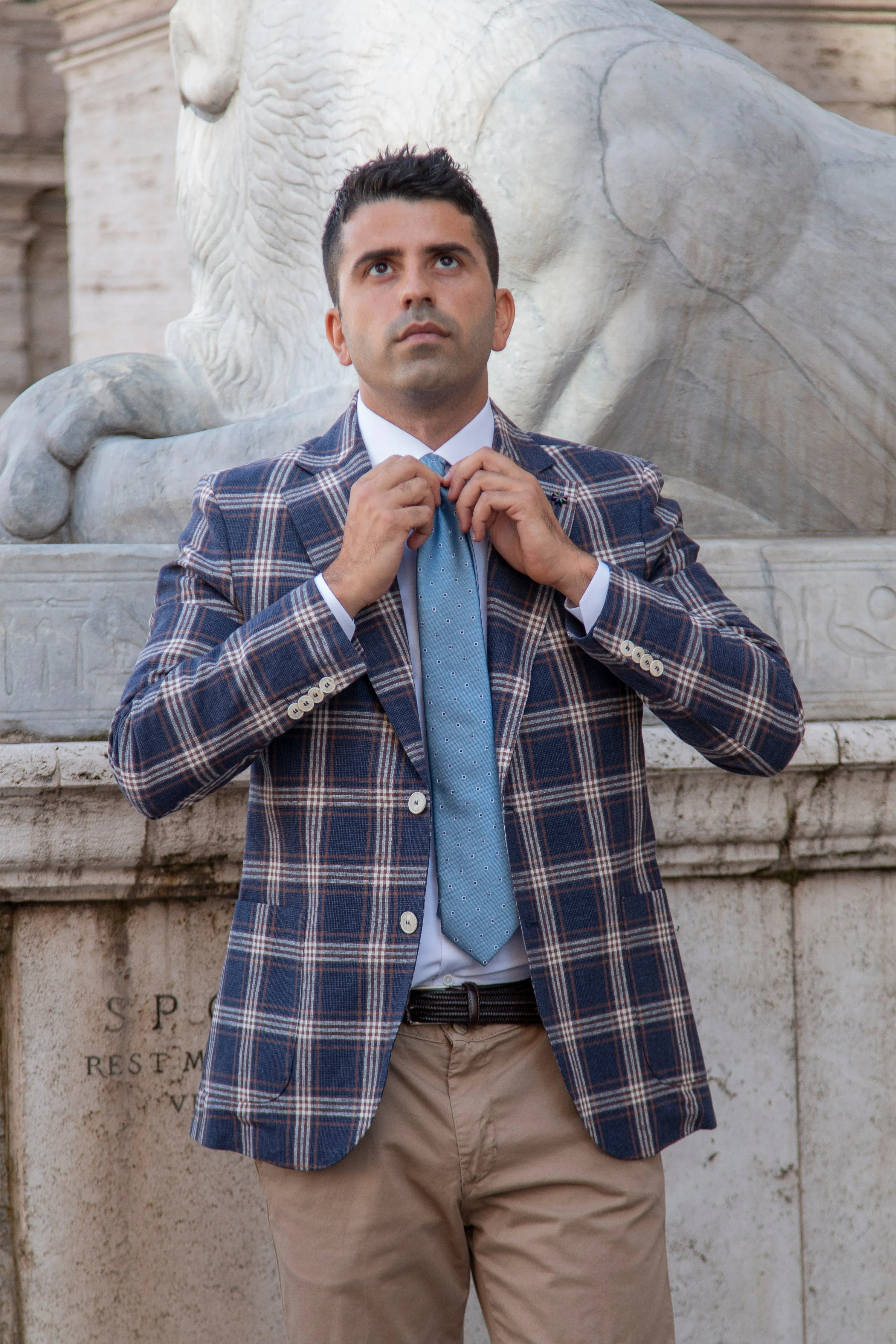 Blue/Beige Checked Prince of Wales Linen Blazer