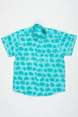 Boys Cotton Shirt Aqua Elephant Print Festive Shirts