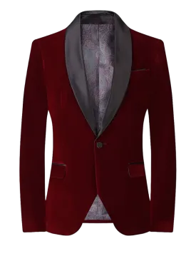 Burgundy Velvet Men's Blazer Shall Lapel Slim-Fit with Bowtie