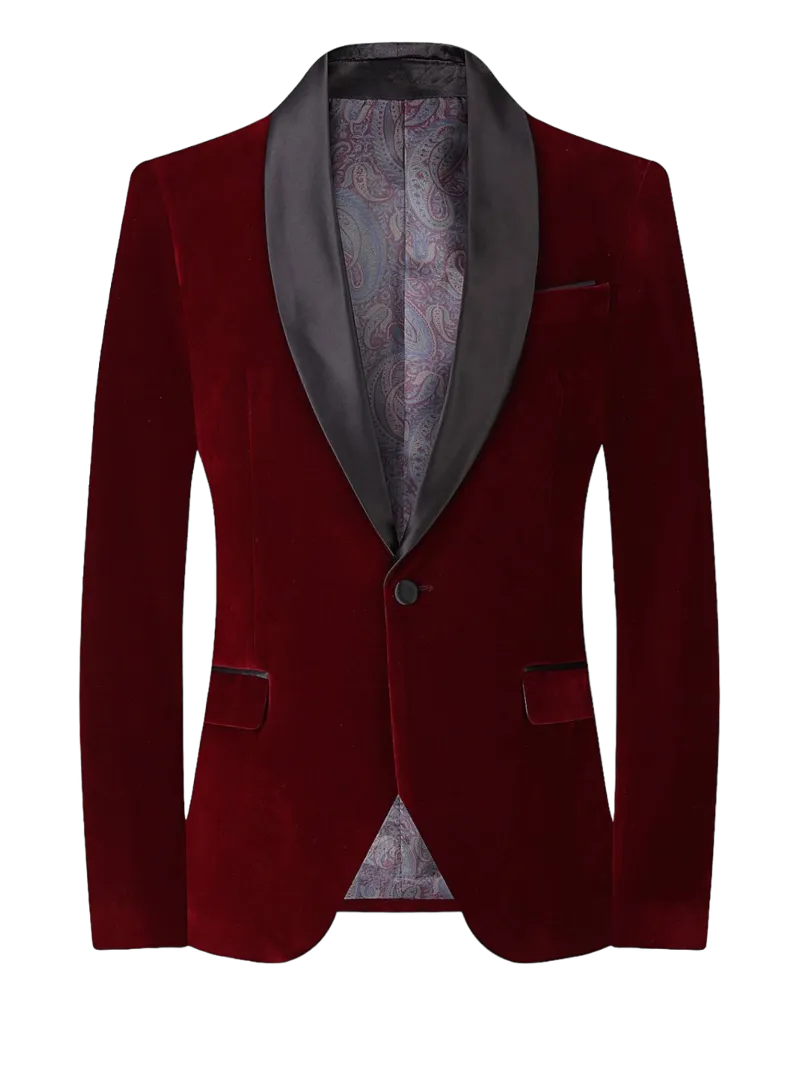 Burgundy Velvet Men's Blazer Shall Lapel Slim-Fit with Bowtie