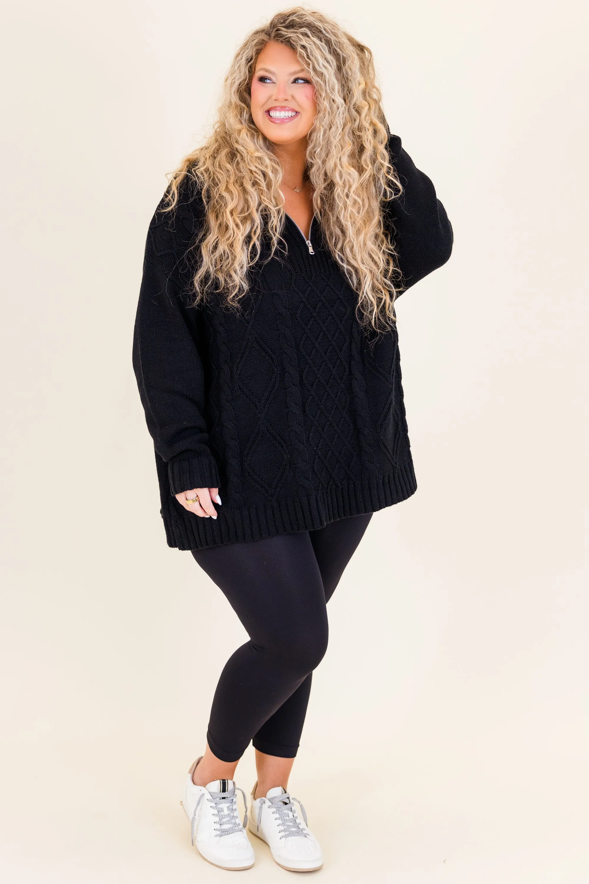 Cable Knit Classic Sweater, Black