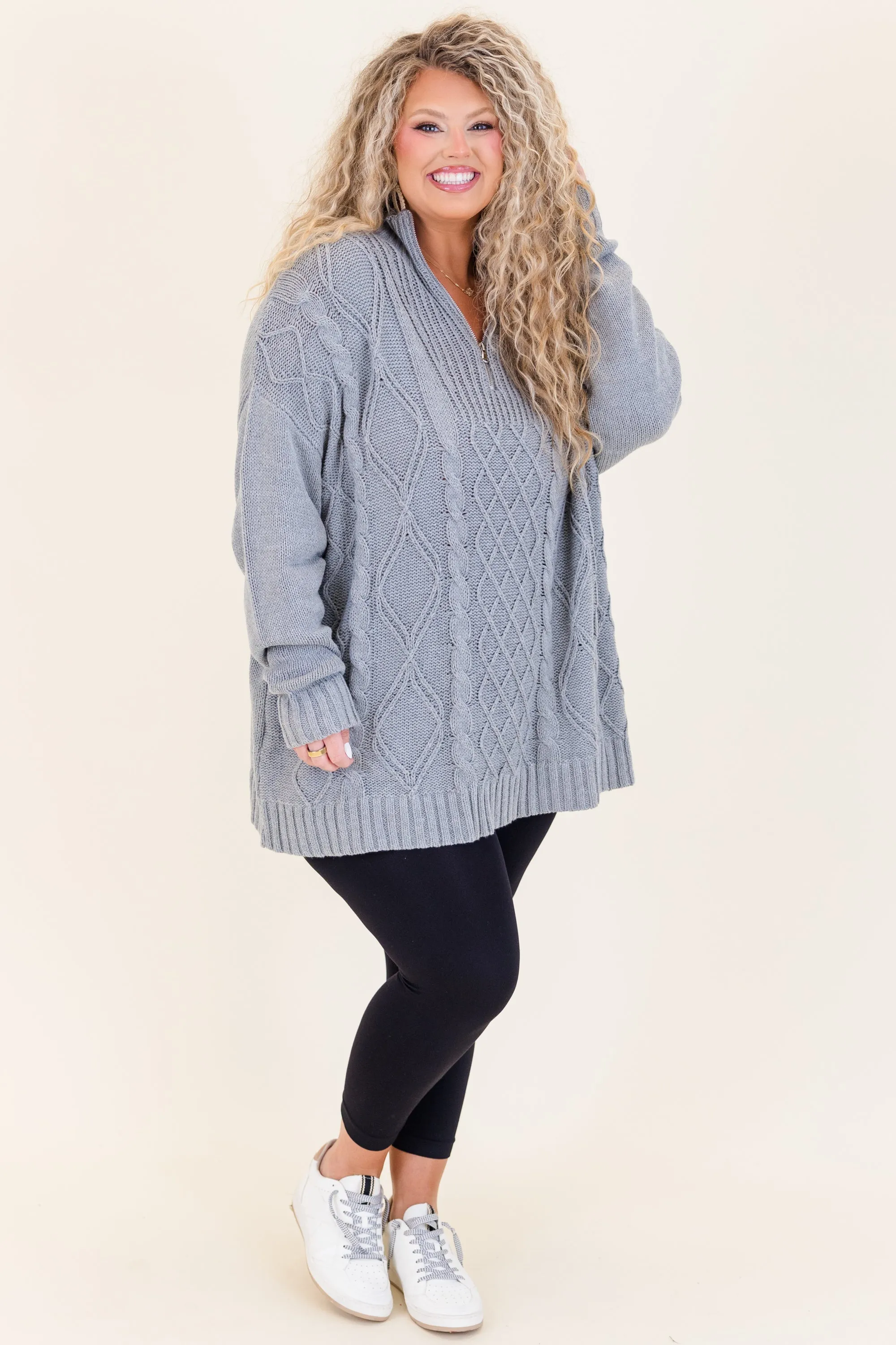 Cable Knit Classic Sweater, Gray