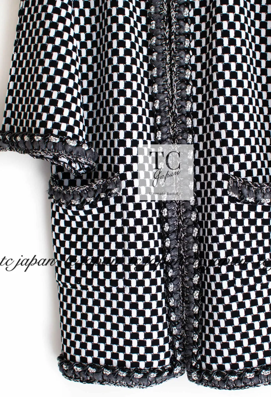 CHANEL 14S Black White Chain Trimming Knit Cardigan Coat 38 40 シャネル ブラック ホワイト チェーントリム チェック 柄 ニット カーディガン コート 即発