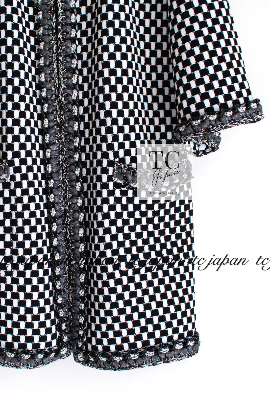 CHANEL 14S Black White Chain Trimming Knit Cardigan Coat 38 40 シャネル ブラック ホワイト チェーントリム チェック 柄 ニット カーディガン コート 即発