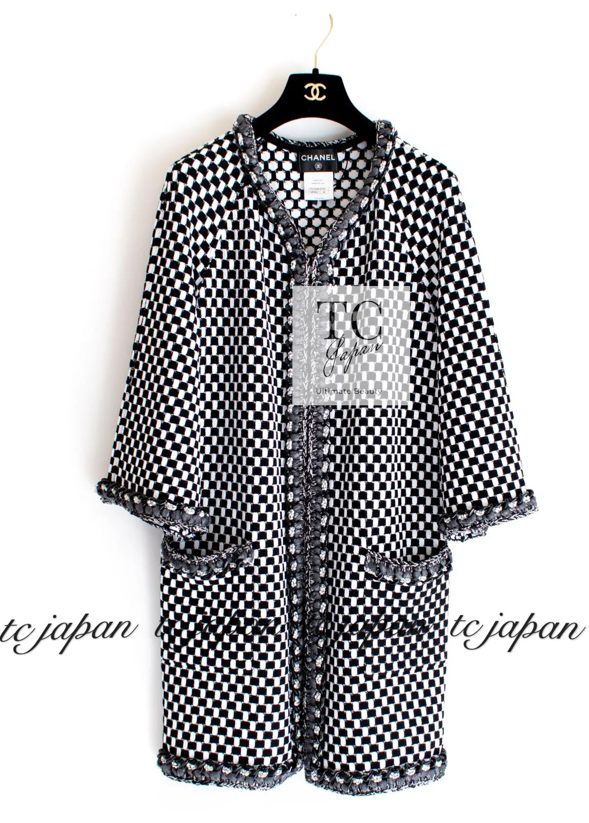 CHANEL 14S Black White Chain Trimming Knit Cardigan Coat 38 40 シャネル ブラック ホワイト チェーントリム チェック 柄 ニット カーディガン コート 即発