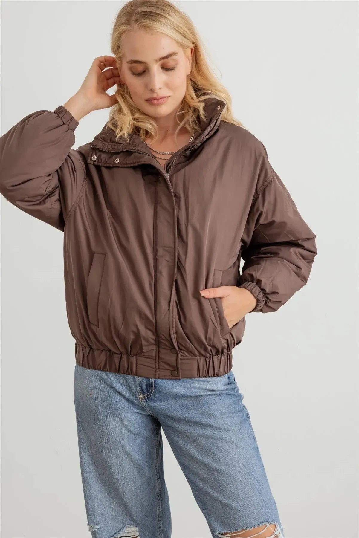 Chocolate Zip-Up Long Sleeve Puffer Jacket