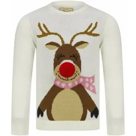 Christmas Happy Reindeer Pom Pom Nose Junior Christmas Jumper