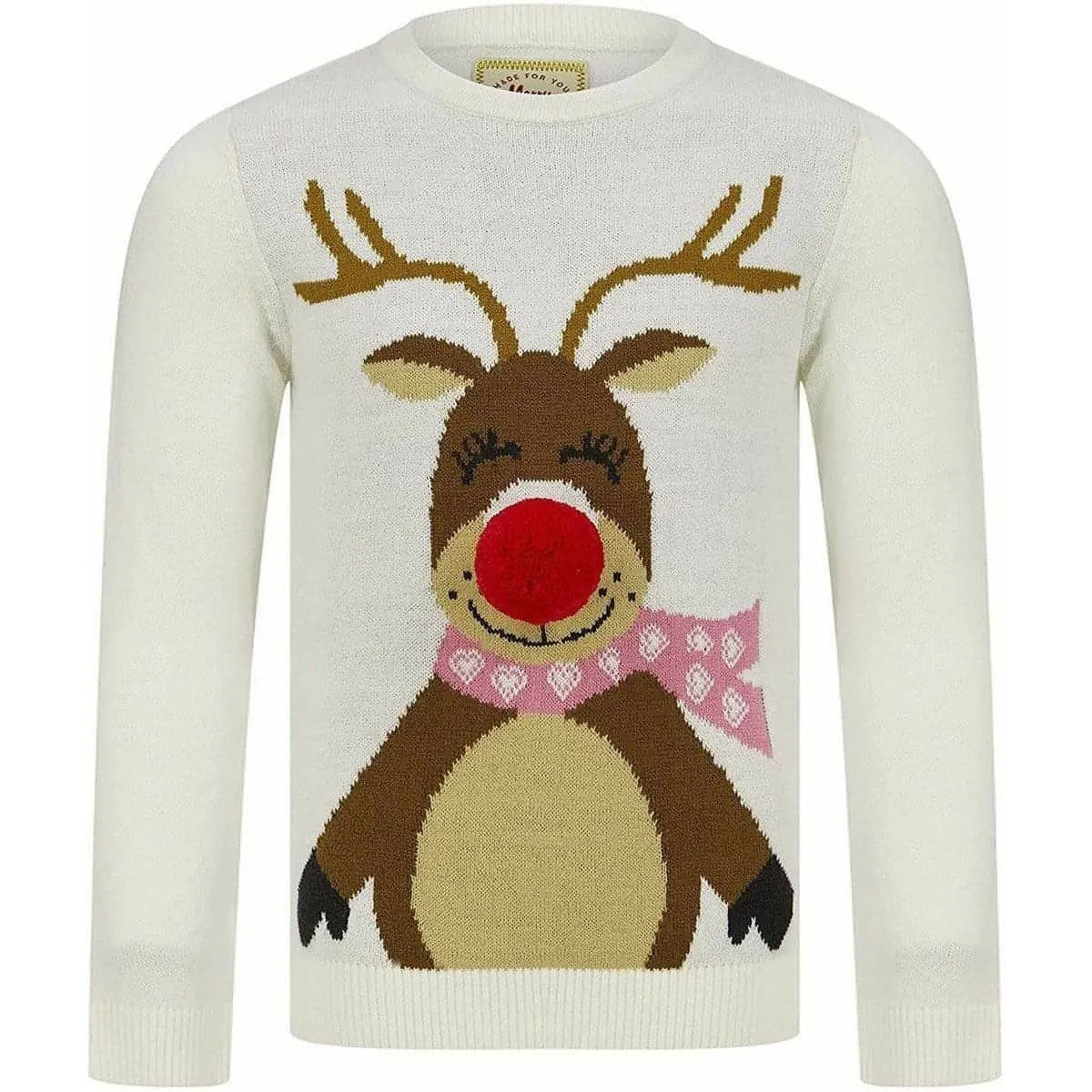 Christmas Happy Reindeer Pom Pom Nose Junior Christmas Jumper