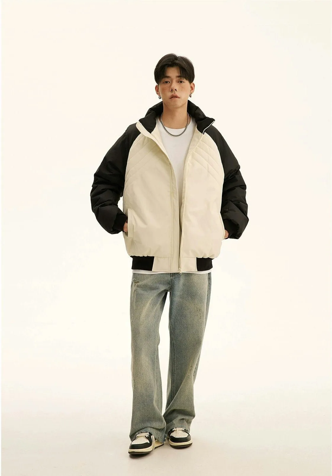 Color Block High Collar Oversized Puffer Jacket