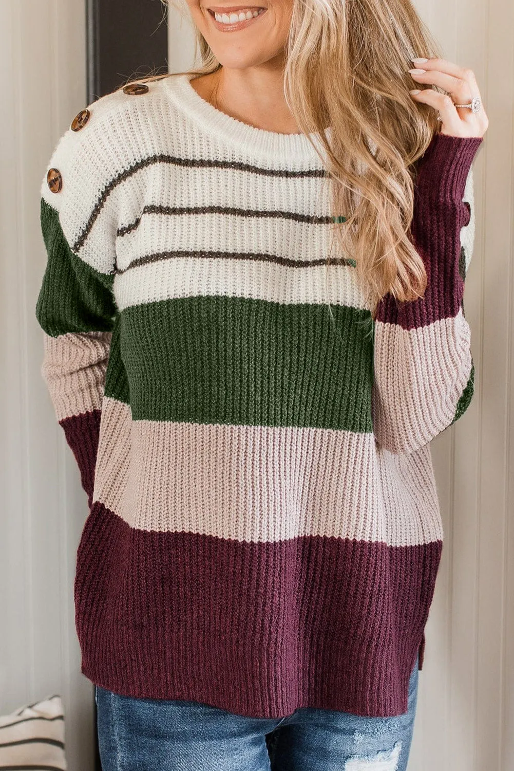 Colorblock Stripe Buttoned Sweater