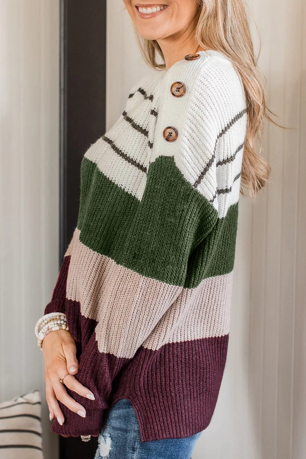 Colorblock Stripe Buttoned Sweater