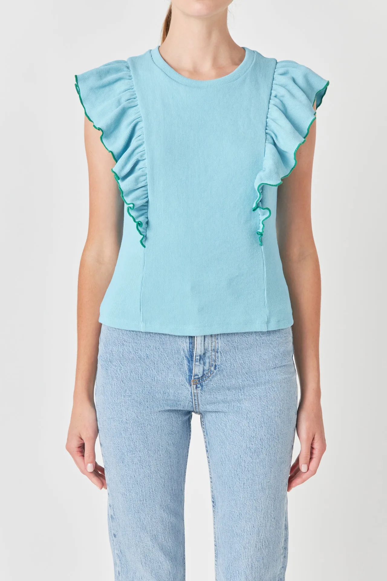 Contrast Merrow Detail Ruffled Knit Top