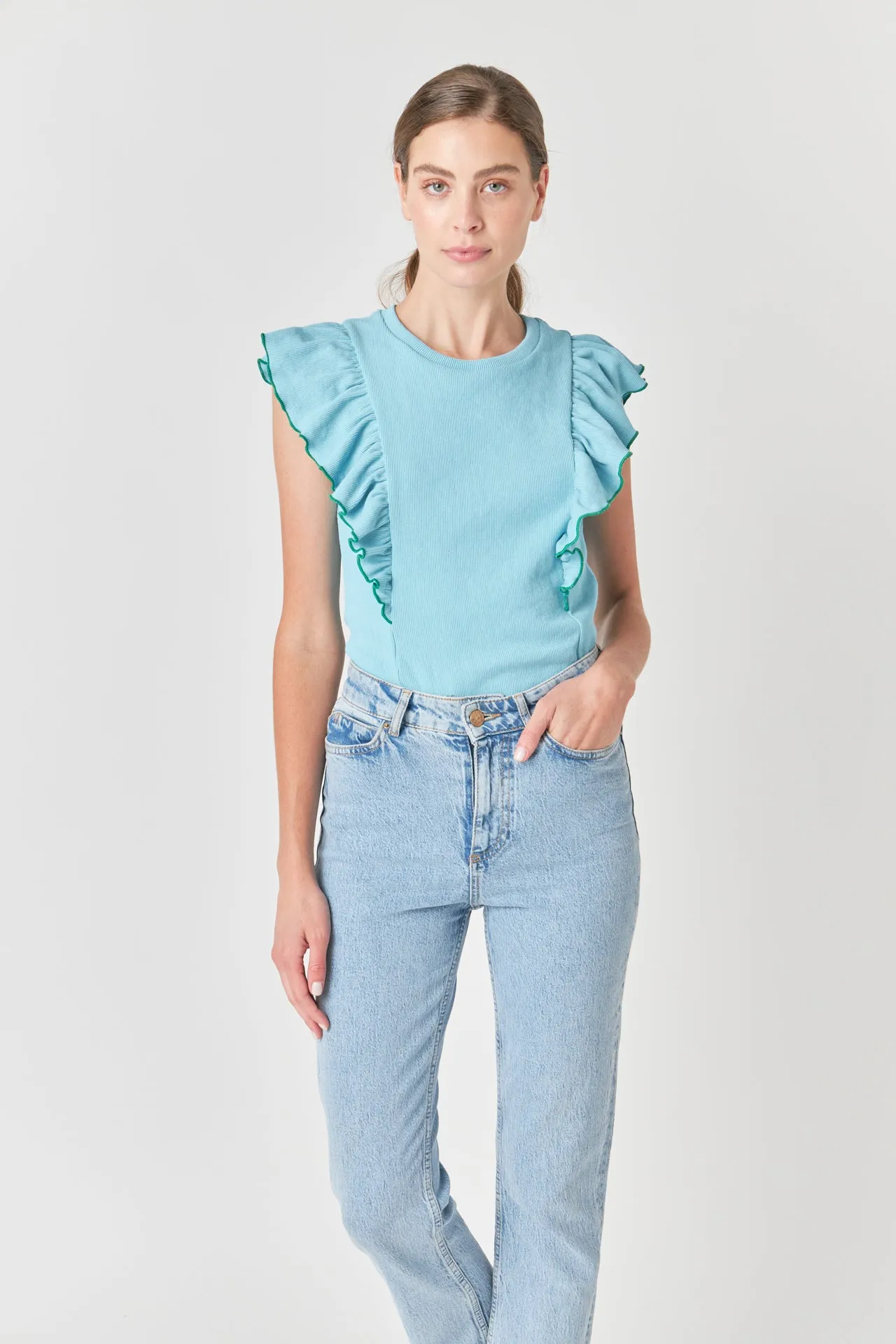 Contrast Merrow Detail Ruffled Knit Top