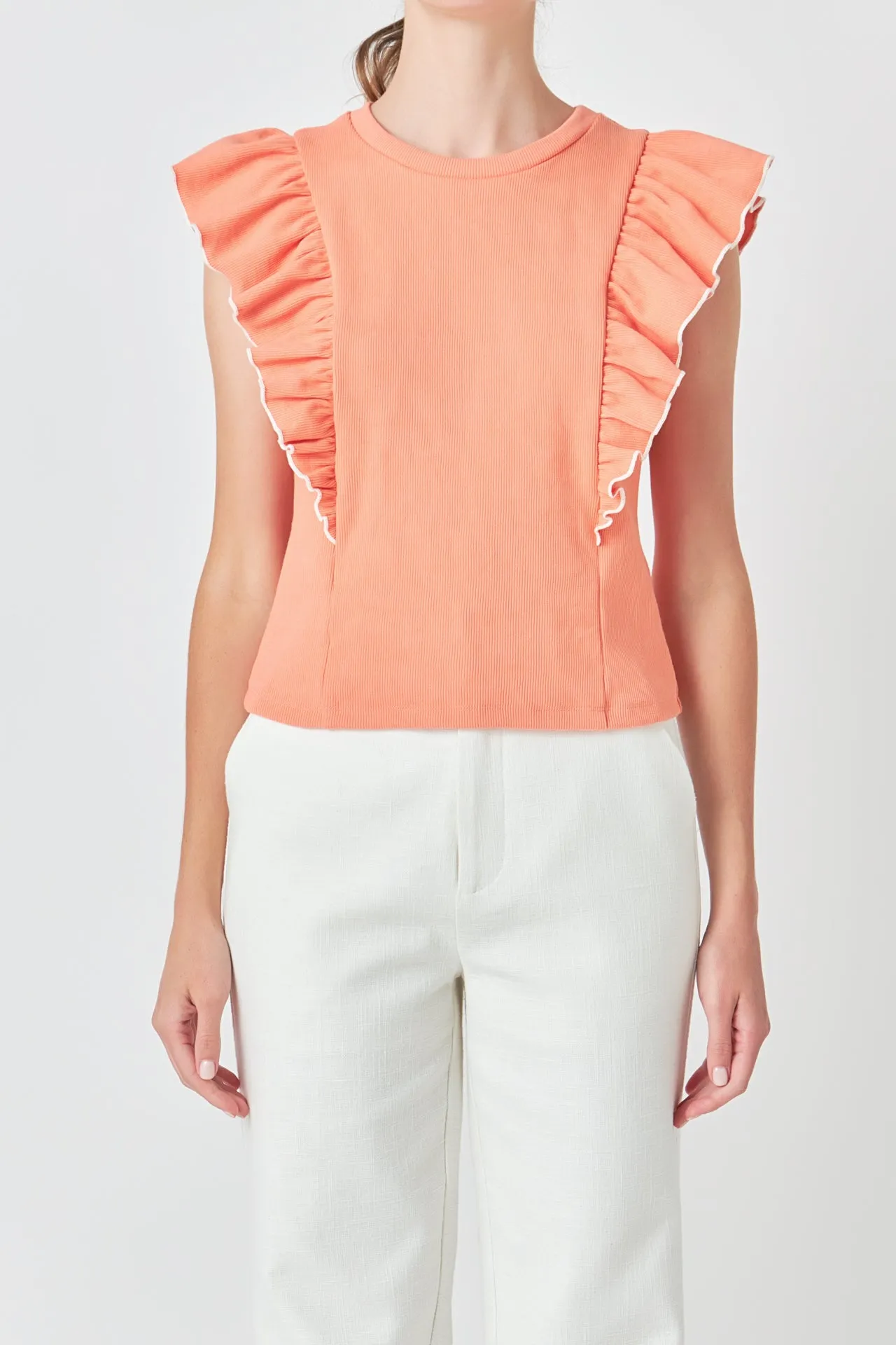 Contrast Merrow Detail Ruffled Knit Top