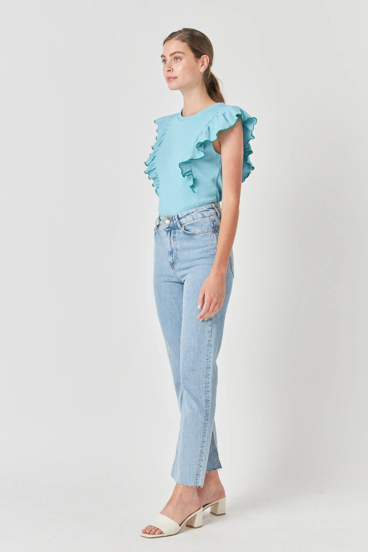 Contrast Merrow Detail Ruffled Knit Top