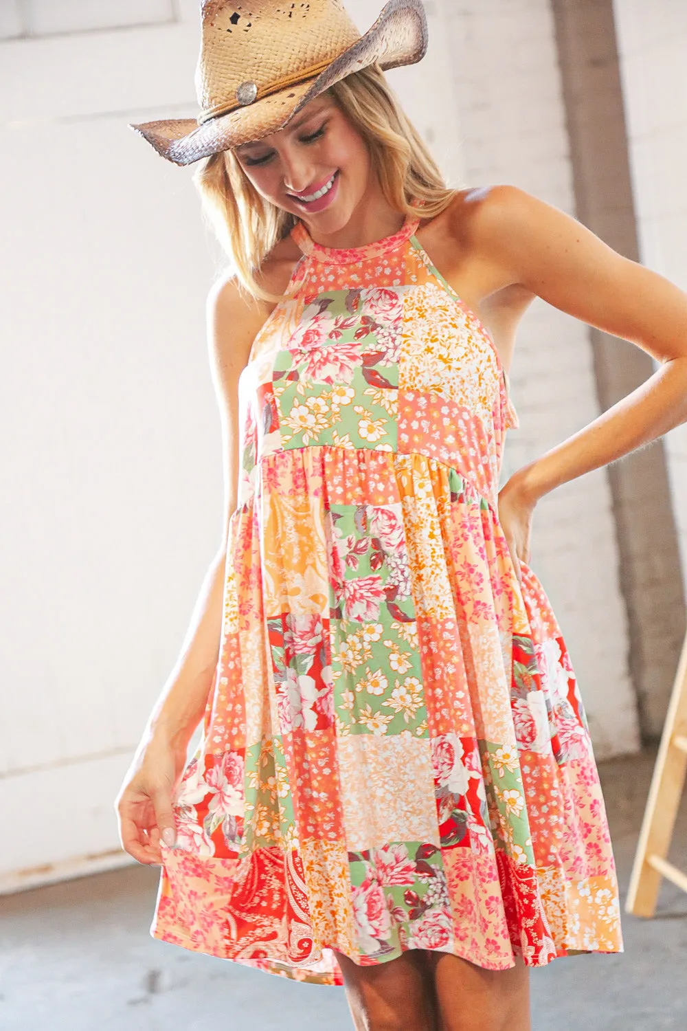 Coral Boho Floral Halter Neck Swing Dress