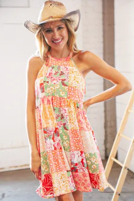 Coral Boho Floral Halter Neck Swing Dress