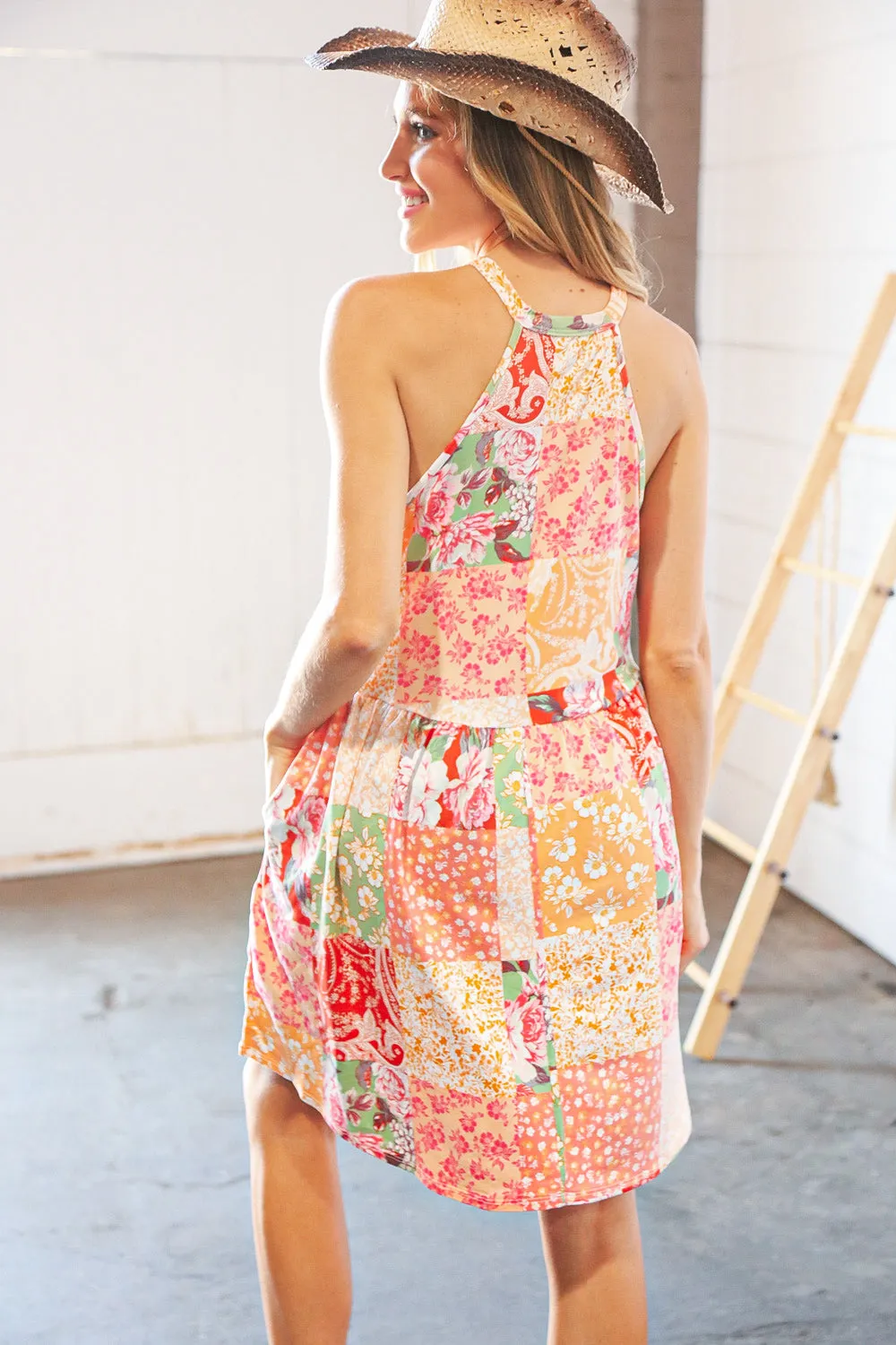 Coral Boho Floral Halter Neck Swing Dress