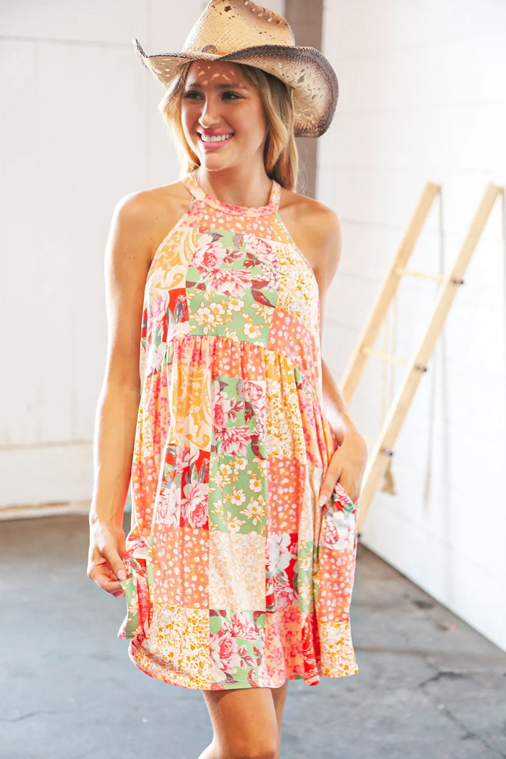 Coral Boho Floral Halter Neck Swing Dress