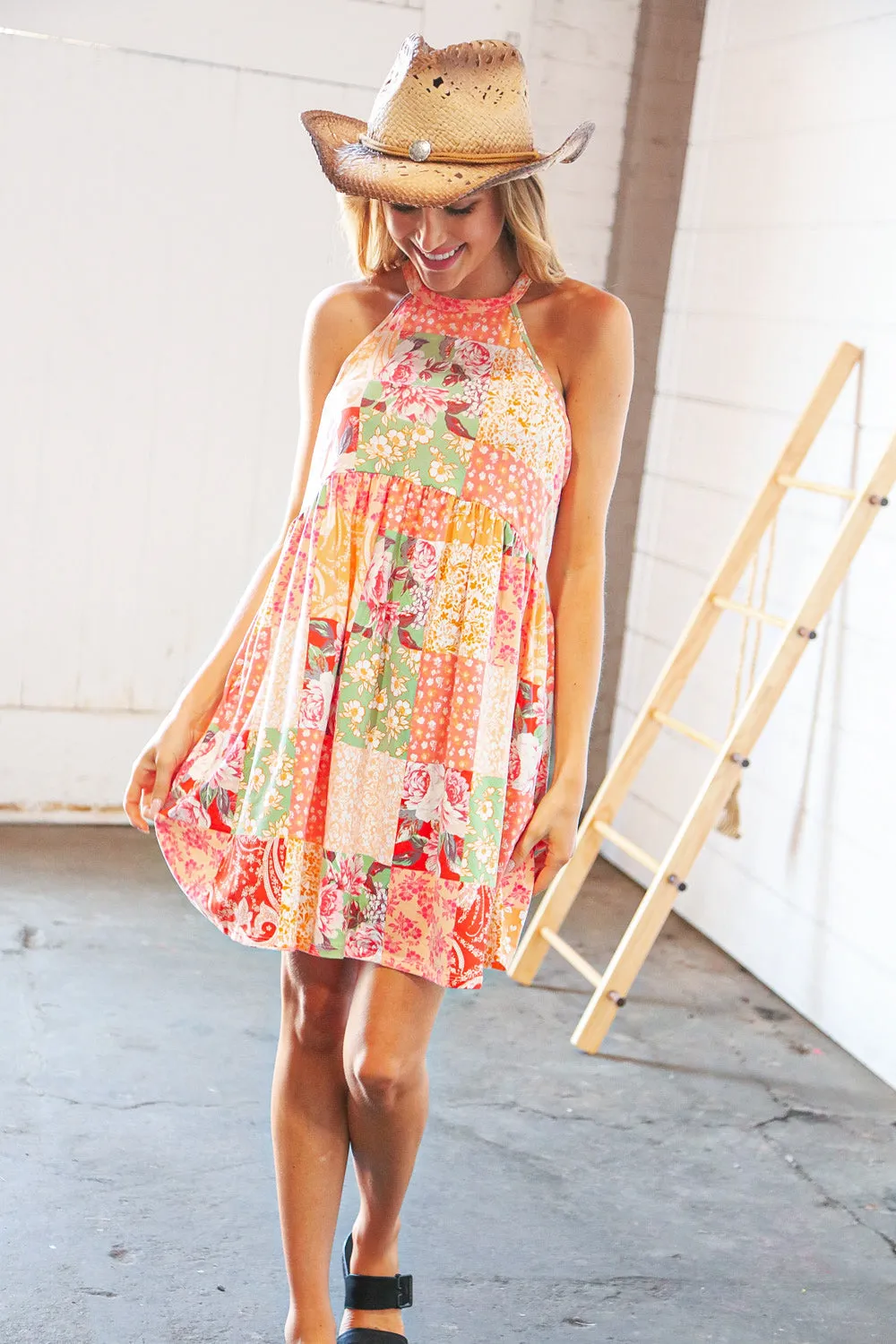 Coral Boho Floral Halter Neck Swing Dress