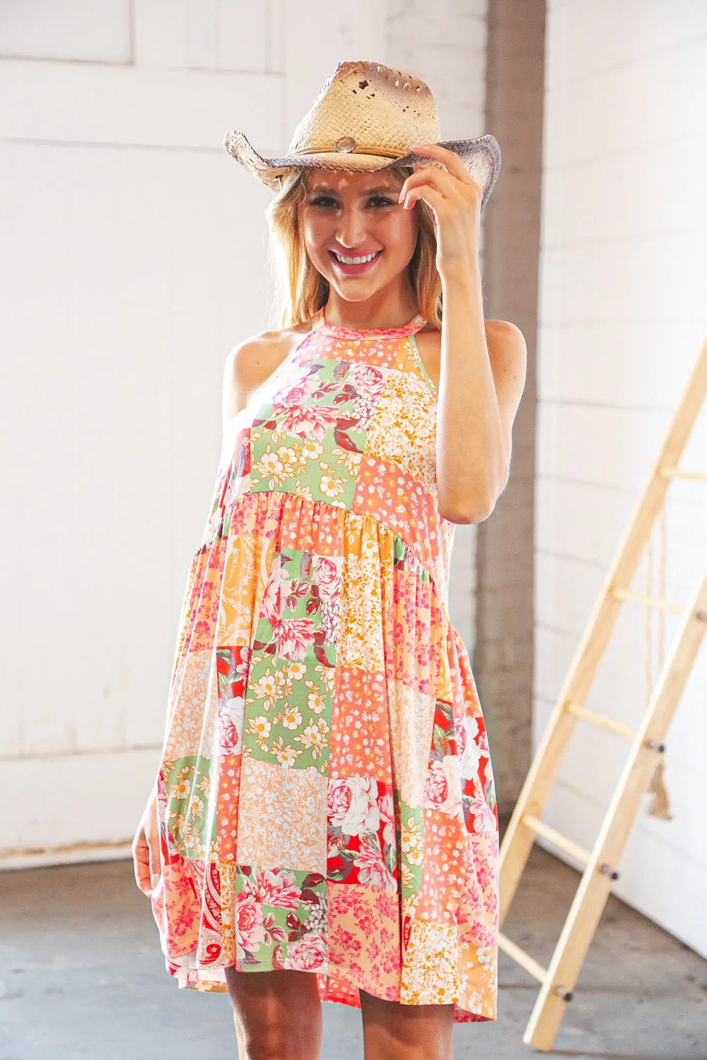 Coral Boho Floral Halter Neck Swing Dress